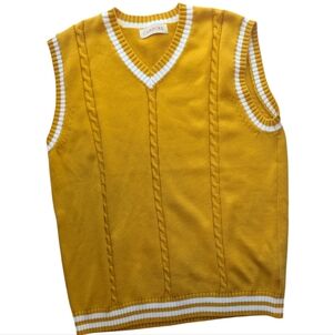 Campure Men’s Mustard Yellow Cable Knit V-Neck Sweater Vest Varsity Style Large